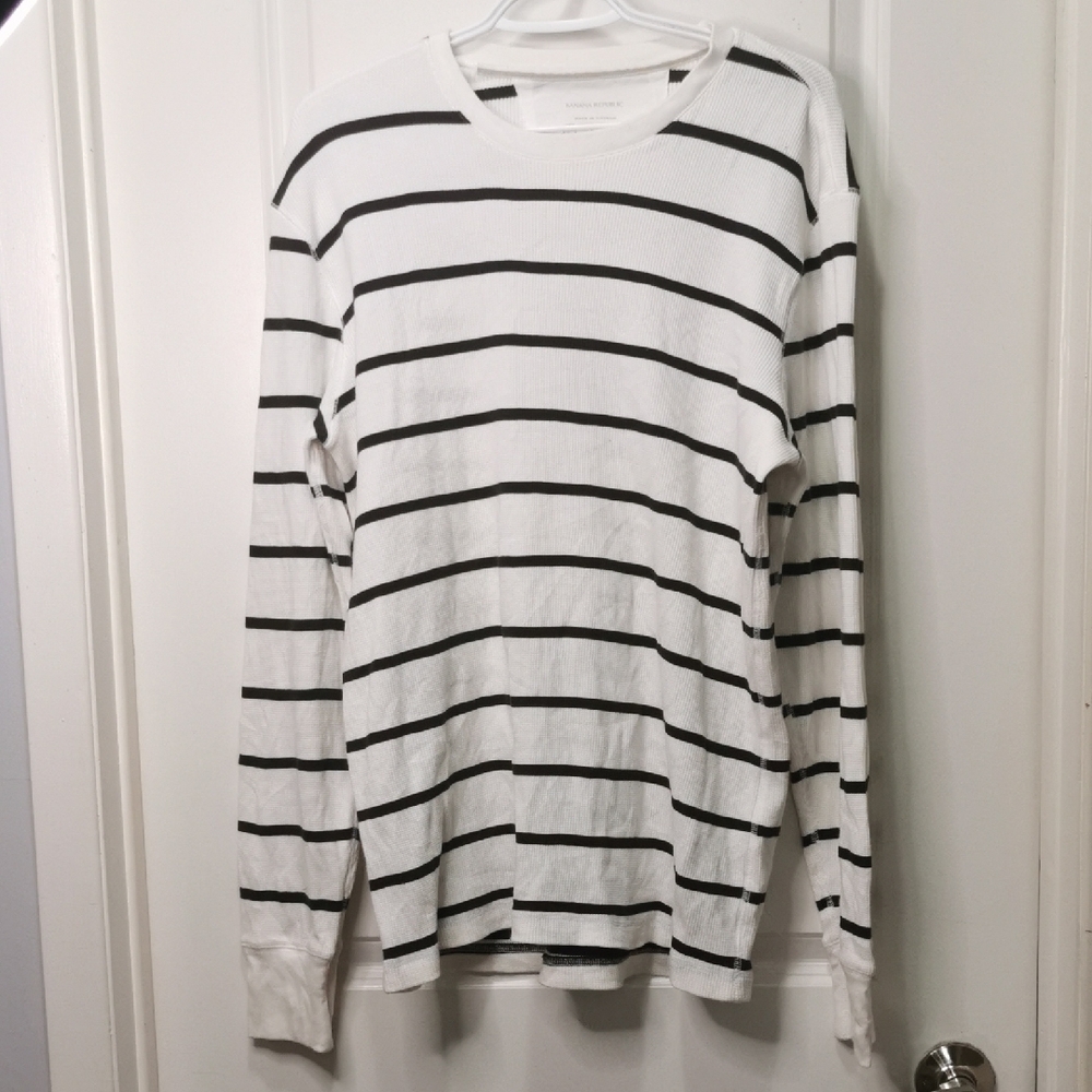 Banana Republic White and Black Striped Long Sleeve Shirt